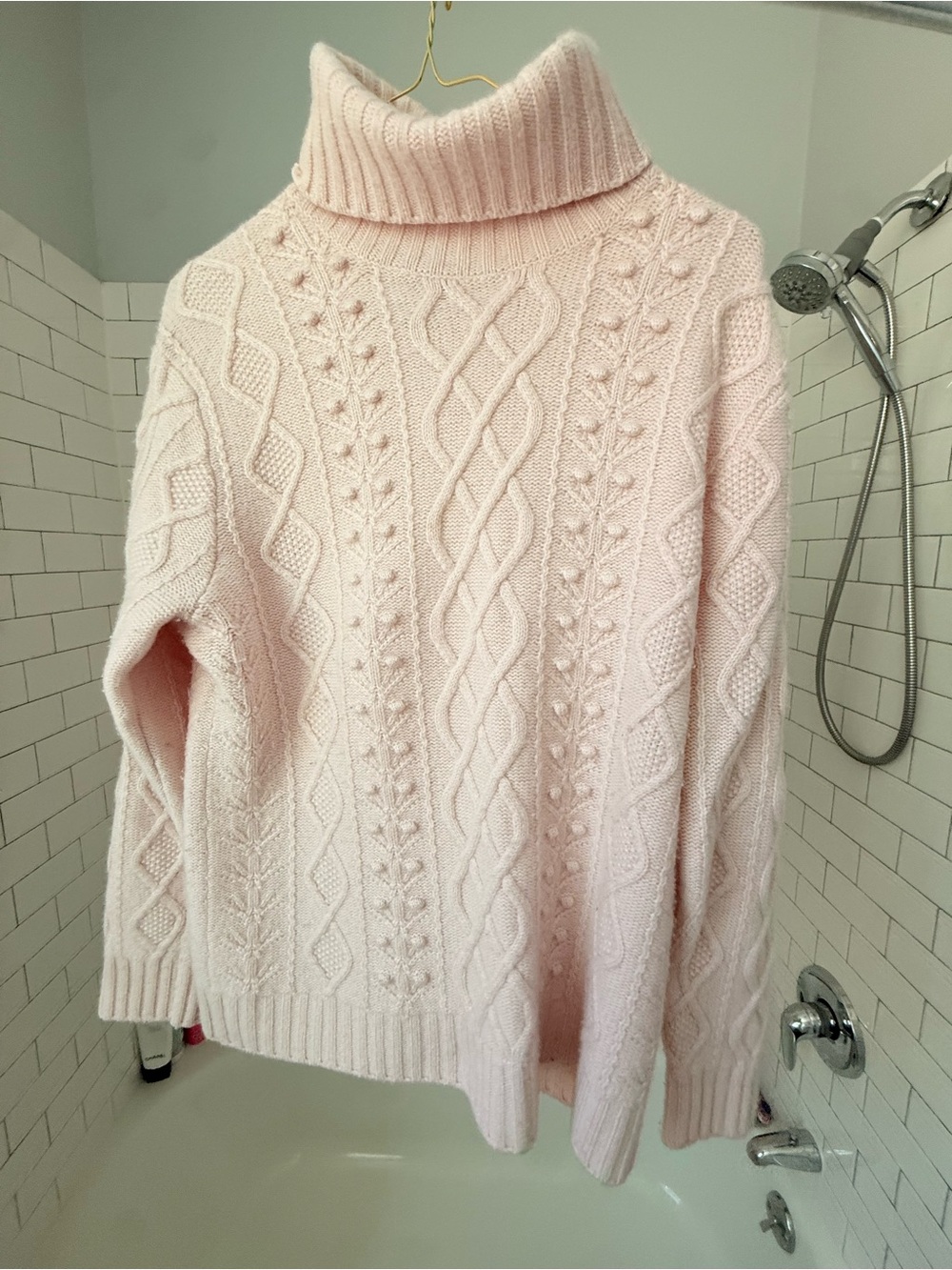 Cashmere Turtleneck Cable Knit Sweater - Pale Pink